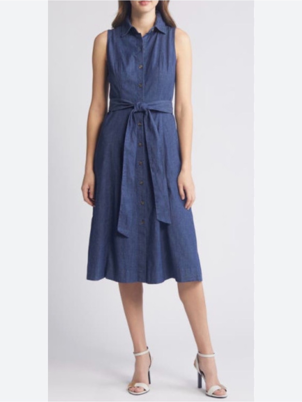 Anne Klein Sleeveless Button-Front Midi Dress in Denim Blue